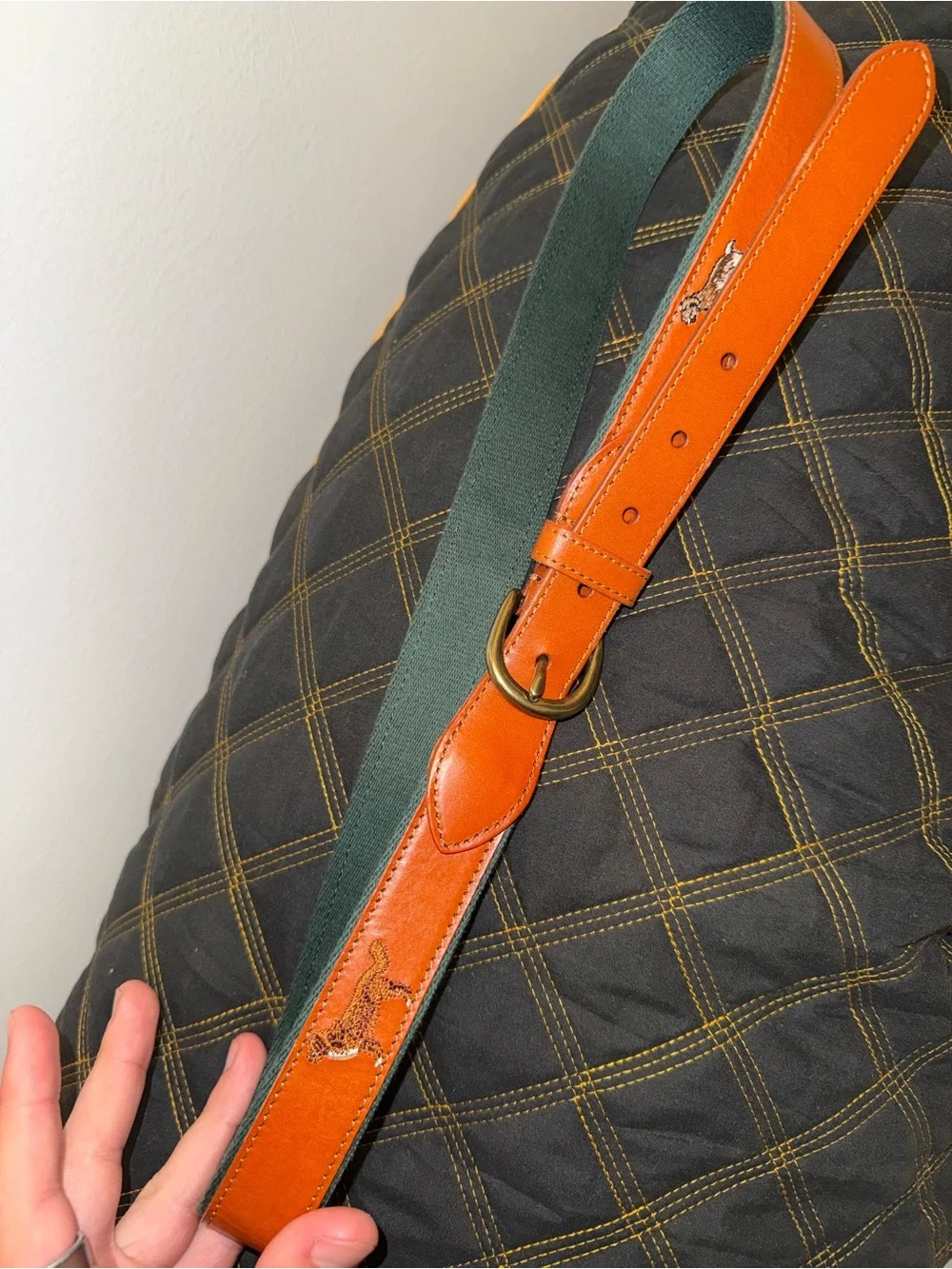 J.Crew Leather Orange & Green Mens Belt with Embroidered Dog Motifs (Never Worn)